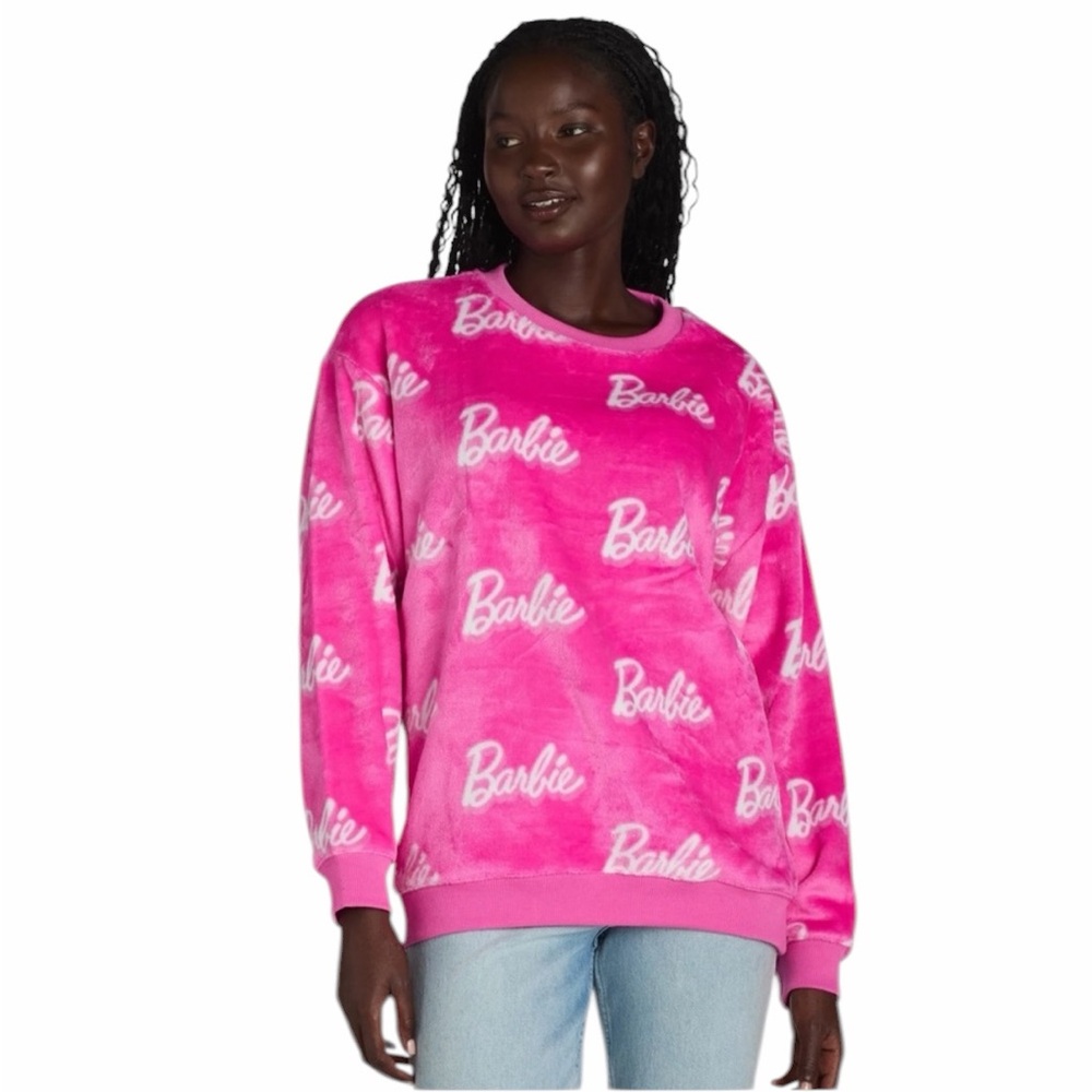 Barbie Pink & White Logo Script Fuzzy Velour Crew Neck Sweater - Size Medium